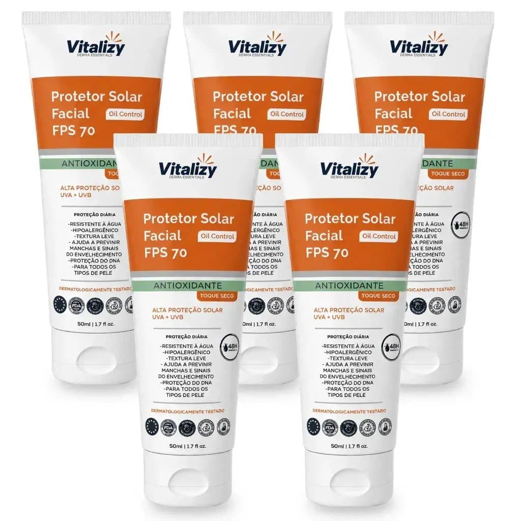Kit 5x50ml Protetor Solar Facial FPS 70 Oil Control Antioxidante Toque Seco Alta Proteção Solar UVA UVB Vitalizy