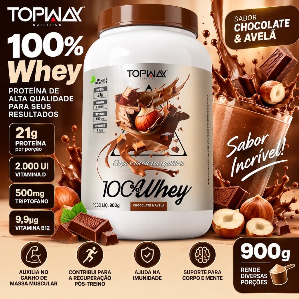 Whey Protein Concentrado 100% Whey TopWay 900g Chocolate e Avelã 21g Proteína com Vitaminas