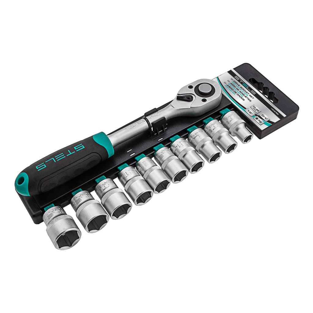 JOGO DE CHAVE CATRACA DE ENCAIXE 1/2POL., SOQUETES SEXTAVADOS, CRV, 10-22MM, 11PCS // STELS