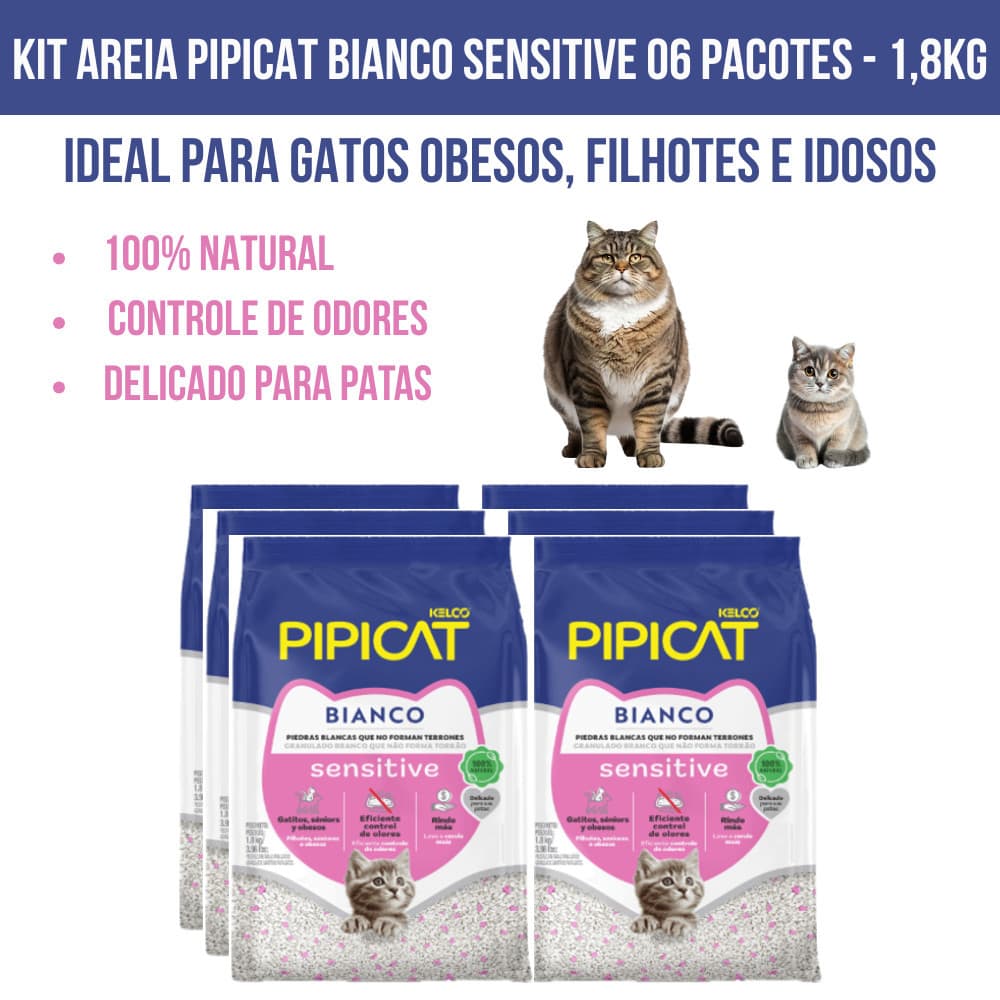 Kit 06un Areia Sanitária Gato Pipicat Sensitive Pacote 1,8kg Controle Odores Granulado Natural
