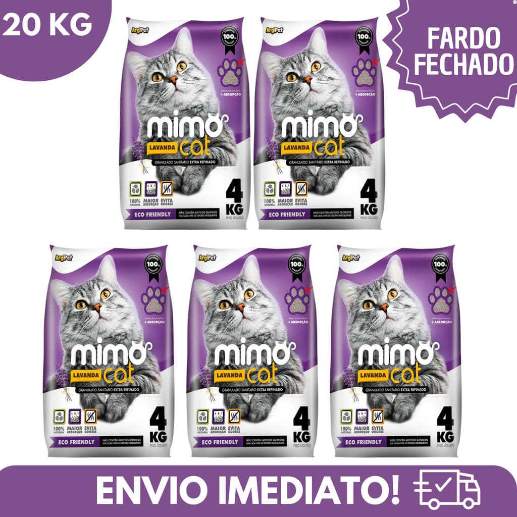 Kit 5 Areia Sanitária Higiênica Argila Natural para Gatos Grãos Médios Lavanda 20kg Argipet Mimo cat