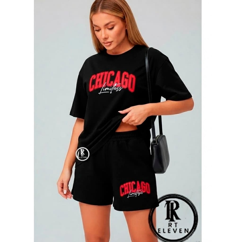 Conjunto FEMININO Chicago Limitess Kit 2 peças short moletom + blusinha 100% algodão feminina camiseta e short Conjunto