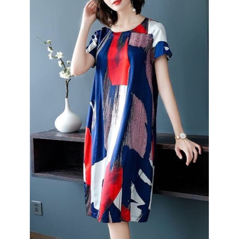 Moda mãe vestido de seda gelo vestido feminino vestido de comprimento médio meia-idade idosos vestido de verão solto rou