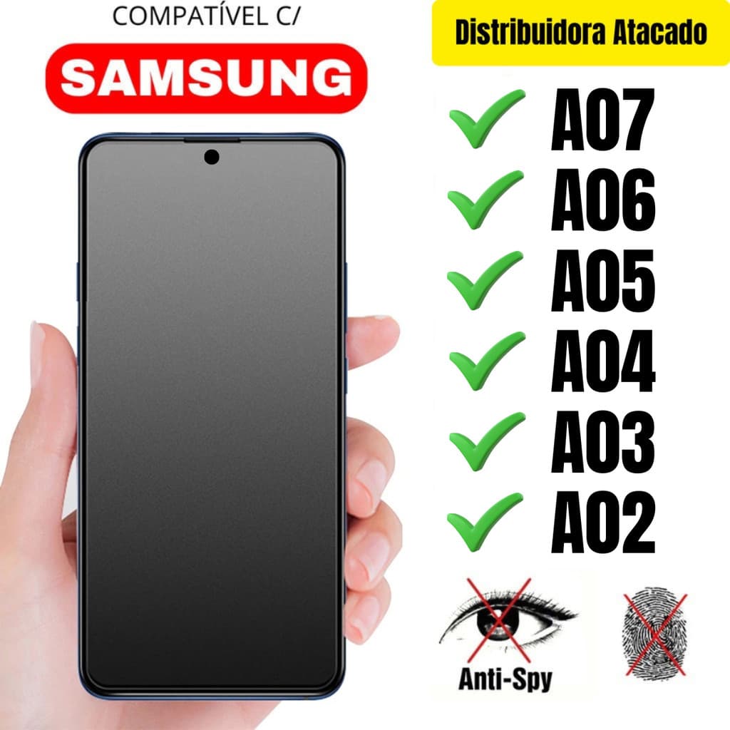 Película Cerâmica Privacidade Fosca 3D P/ Samsung A07 / A06 / A05 / A04 / A03 / A02 Matte AntiSpy