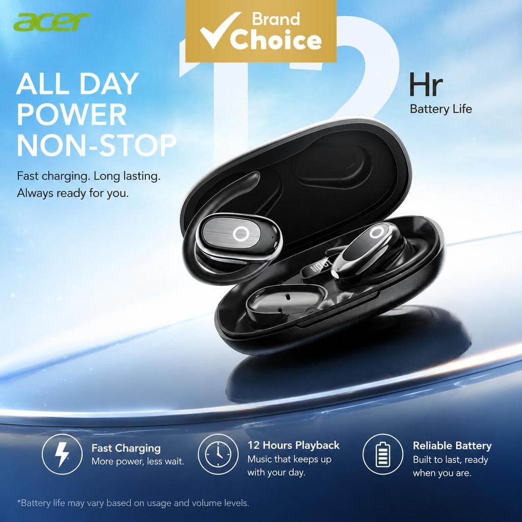 Fones de ouvido Acer OHR553 TWS, fones de ouvido Bluetooth sem fio, à prova d’água IPX5, resistentes ao suor, som