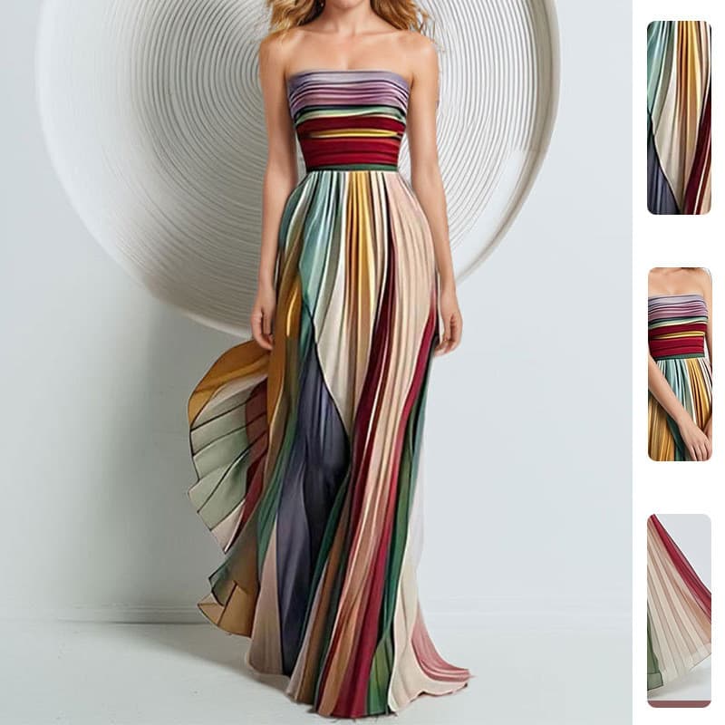 Novo Vestido Longo Feminino da Moda 2026, Elegante Vestido Plissado Estampado com Cintura Marcada para Mulheres no Verão