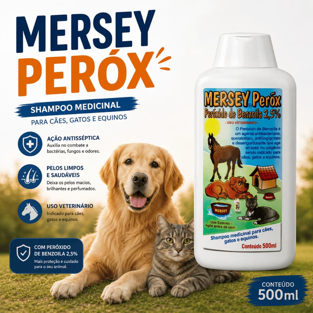 Shampoo Medicinal Peróx Mersey para cães, gatos e equinos - 500ml