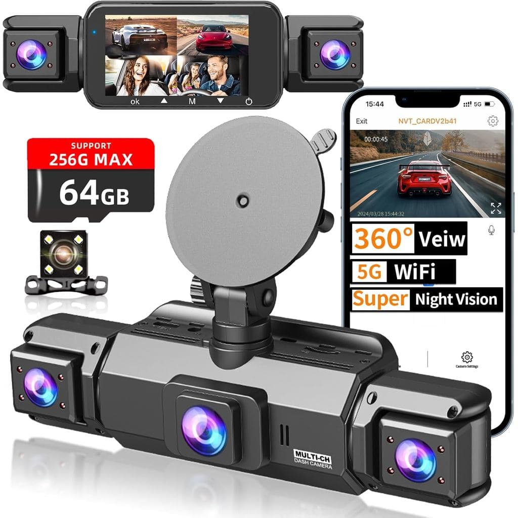 Câmera Veicular de 4 Canais Frontal e Traseira, Câmera 360°, Visão Noturna com 8 Lâmpadas IR para Carros, WiFi 5G para D