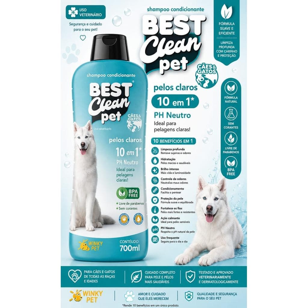 Shampoo Condicionante Pet Pelos Claros 10 em 1 700ml PH Neutro para Cães e Gatos