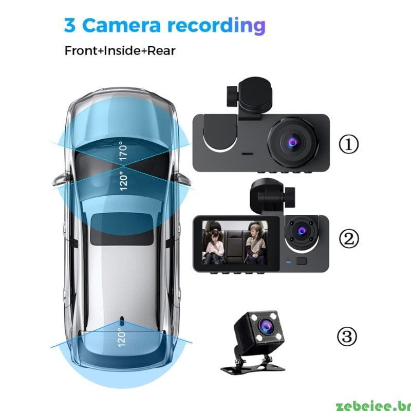 zebeiee 1080P DashCam Carro DVR Frente Traseira Câmera 3 Lentes NightVision
