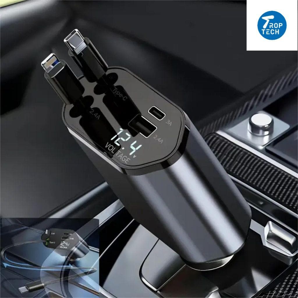 Carregador de carro retrátil, carregador rápido de para carro 4 em 1 para iPhone e Android -Trop