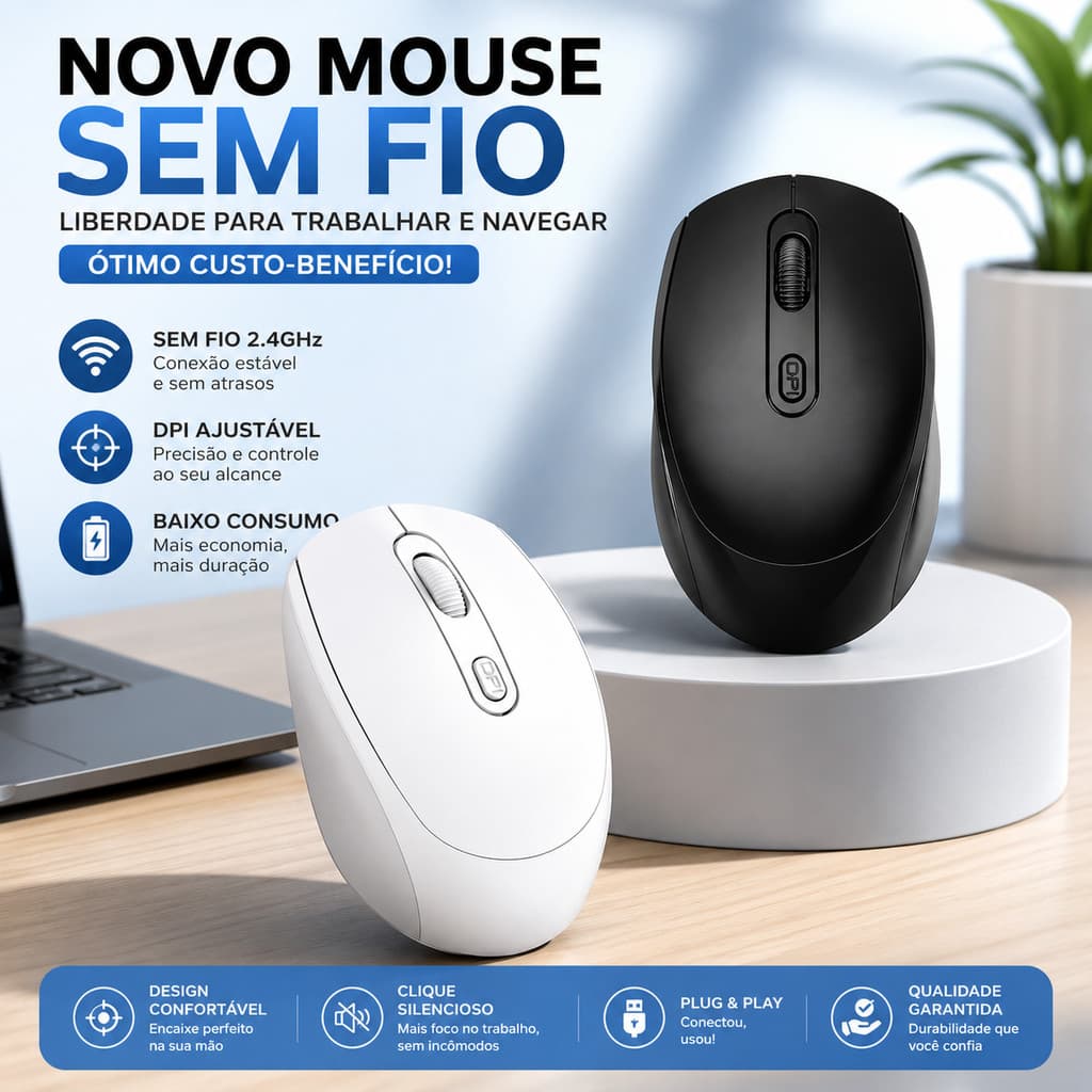 Mouse Wireless 1600DPI Sem Fio Silencioso USB Para Notebook PC Laptop Computador Compacto Ergonômico