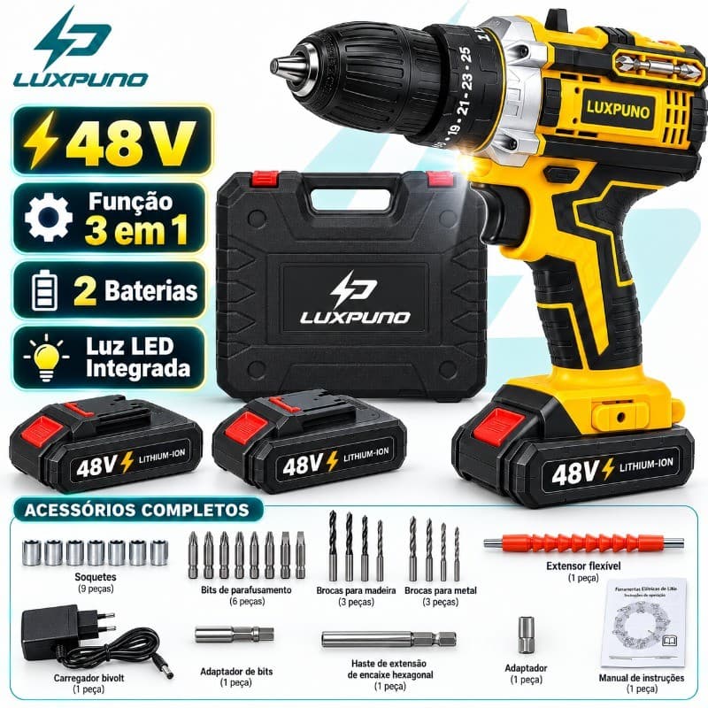 Furadeira Parafusadeira de Impacto Profissional Sem Fio 48V 2 Baterias Kit Completo com Maleta, Brocas e Acessórios