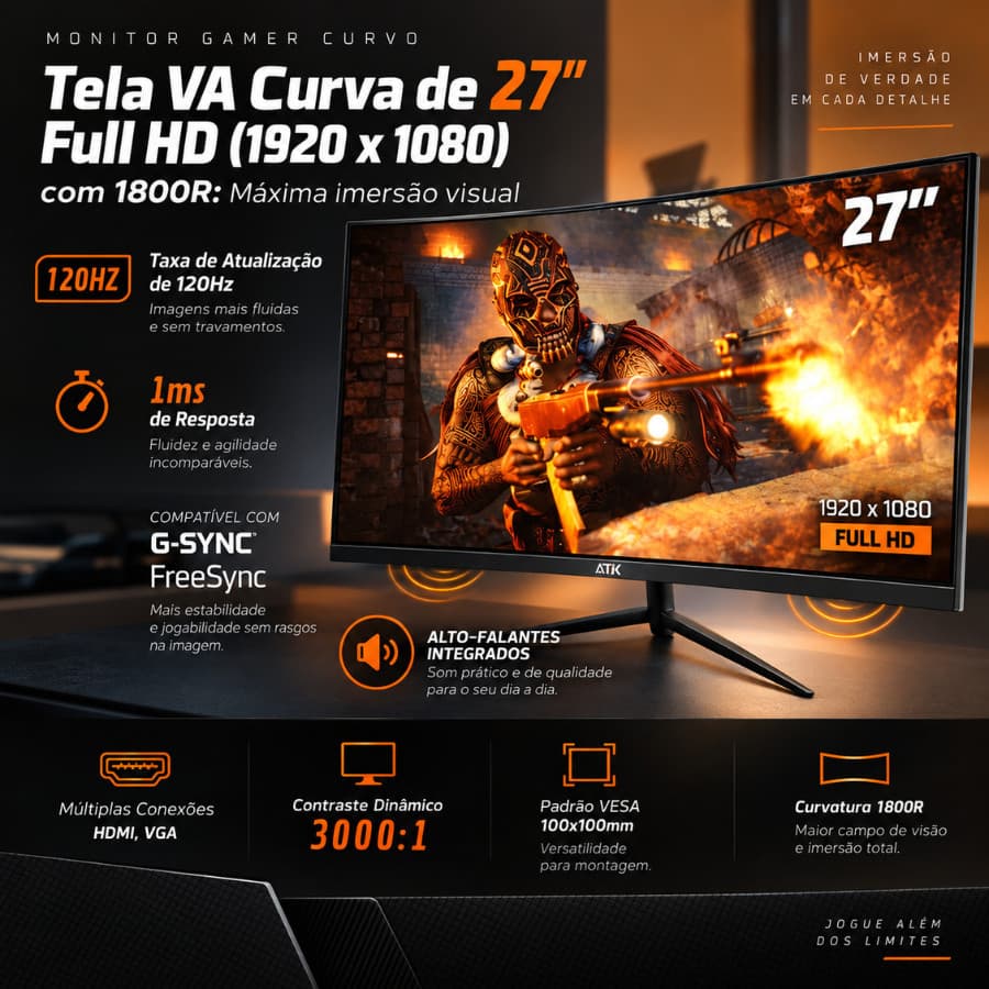 Monitor Curvo com Alto Falante  Gamer 27'' 120HZ LED FULL HD HDMI VGA DELTA (M2711AC)