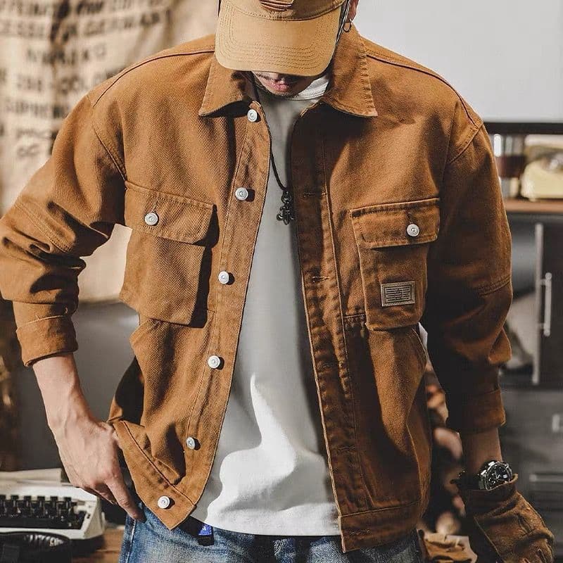 Jaqueta jeans americana masculina primavera outono jaqueta jeans jaqueta de carga jaqueta de bolso duplo jaqueta de carg
