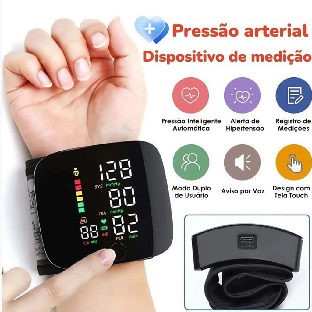 Aparelho de Pressão Digital de Pulso Recarregável Medidor Pressão Arterial Tela LED Colorida Alta Precisão ±3mmHg