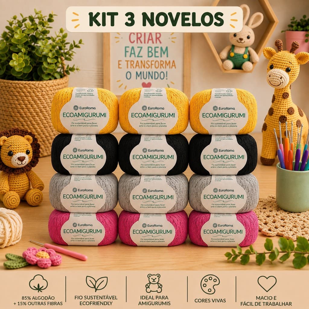 Kit 3 Fios EcoAmigurumi Euroroma Eurofios 8/7-160gr- Amigurumi Crochê Tricô -Escolha a cor -Trabalhamos toda cartela cor