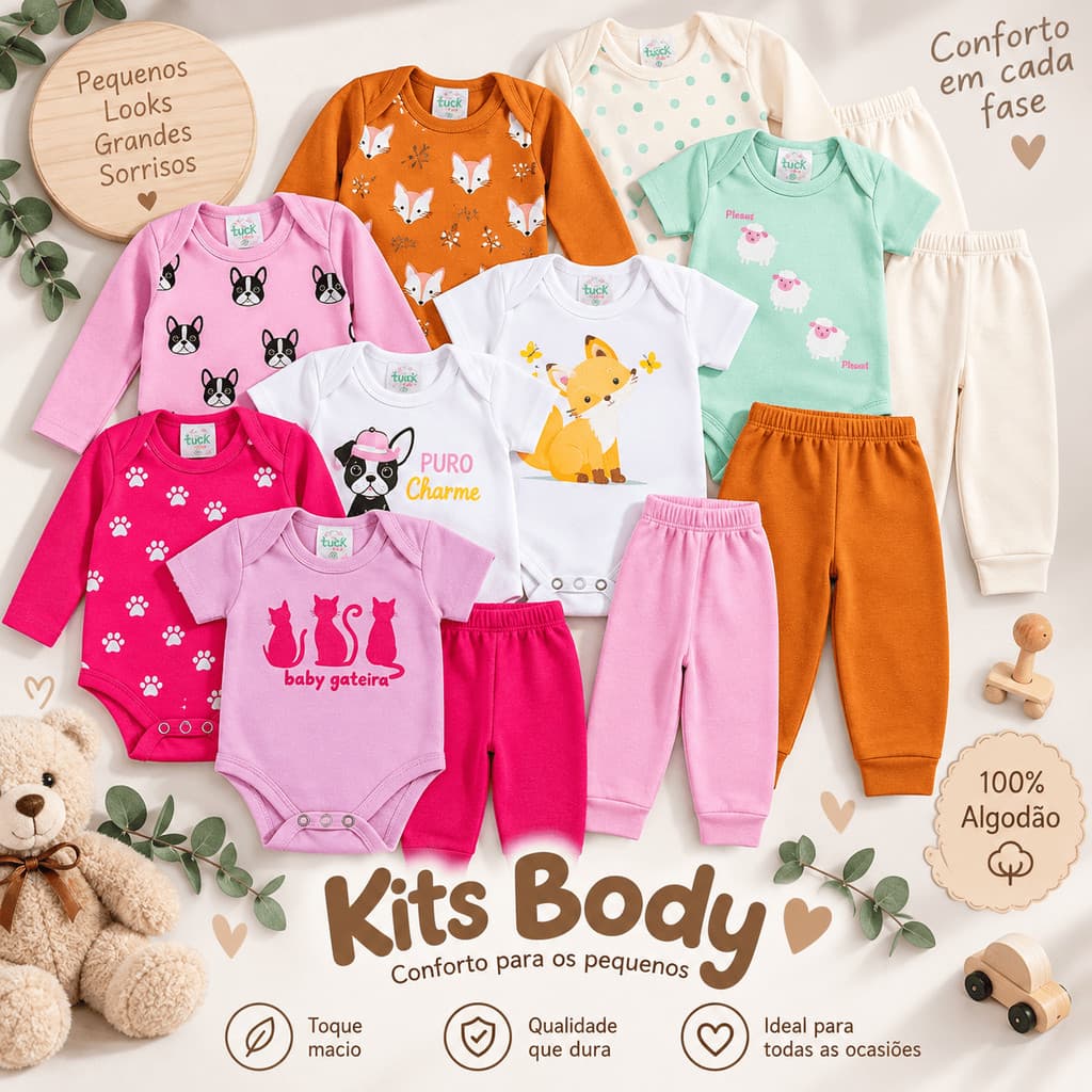 Kit Enxoval Atacado Menino e Menina - 6 Peças Body Longo, Body Curto Infantil bebe Masculino Feminino