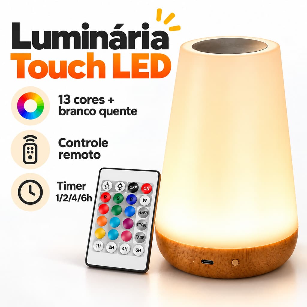 Luminária LED de Mesa Touch RGB 13 Cores Recarregável USB com Controle Remoto Luz Noturna para Quarto Decoração