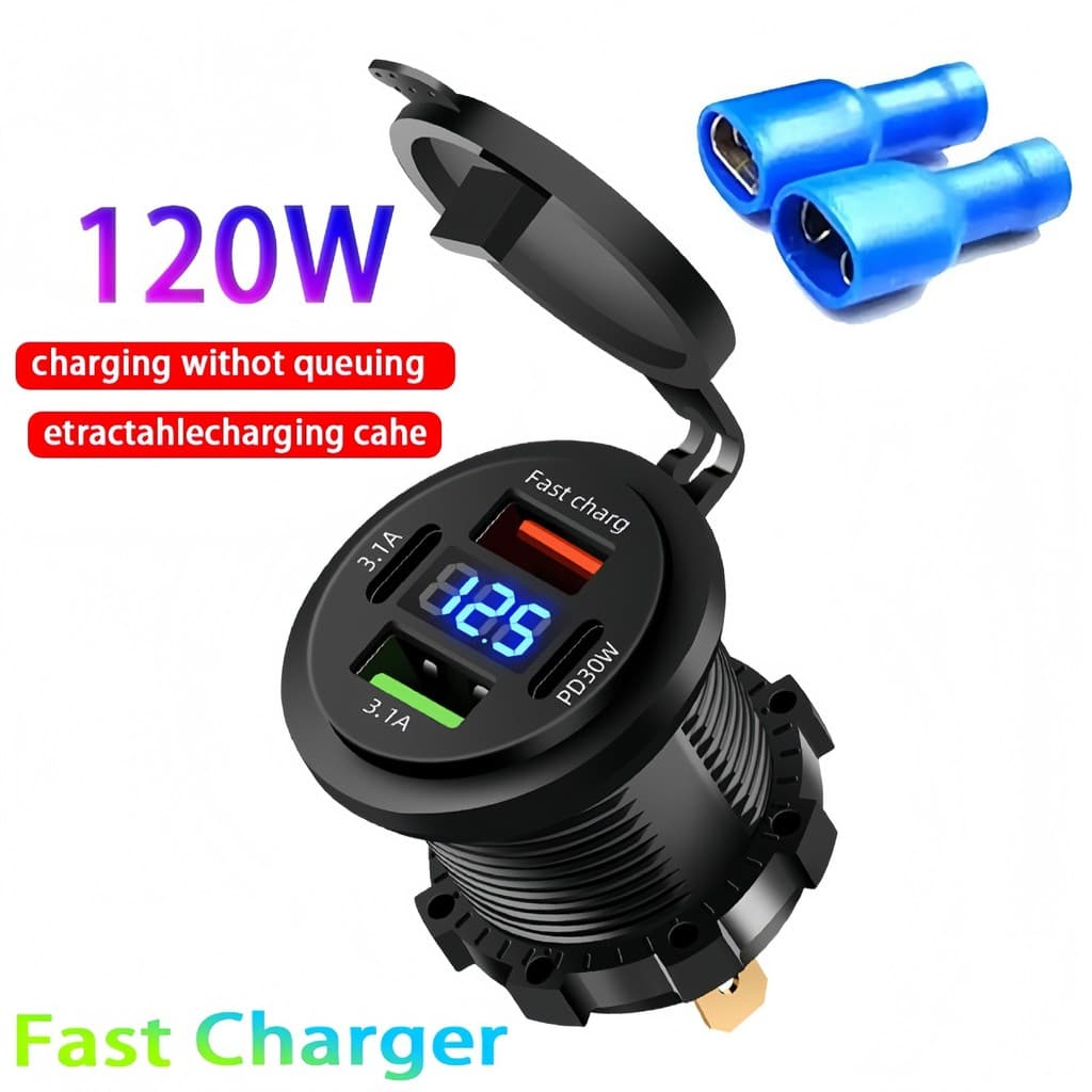 Carregador de celular para carro 12-24V, à prova d'água, com duas portas PD + QC3.0, carregamento rápido de quatro porta
