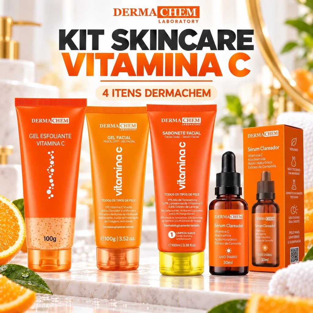 Kit Skincare Vitamina C Dermachem 4 Itens com Esfoliante Gel Anti-Idade Sabonete e Sérum Clareador