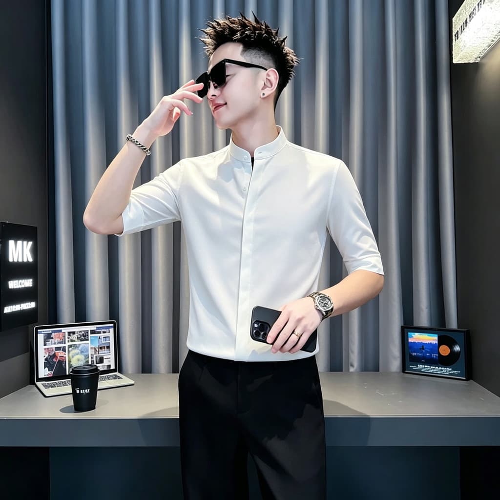 Slim-fit manga média gola alta camisa Social cara masculino cor sólida meia manga versão líquida camisa xs tamanho peque