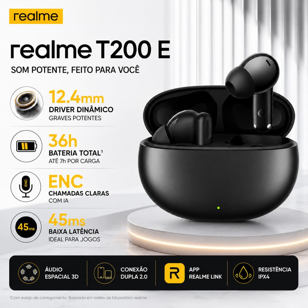 Fone Bluetooth realme T200 E TechLife Buds TWS Bluetooth 5.4 ENC IPX4 Até 36h de Bateria Original
