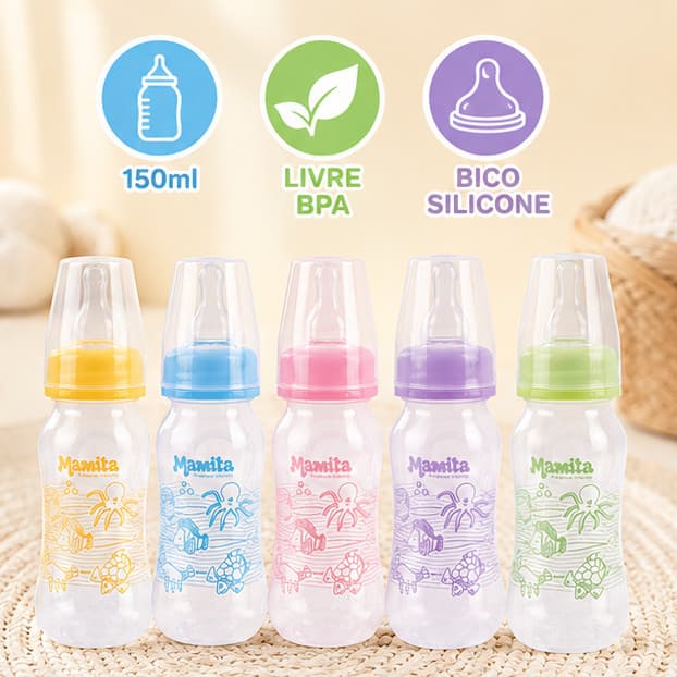 Mamadeira para Bebê 150ml Fundo do Mar Livre Bpa Menino Menina Bico Silicone Amarelo Rosa Azul Verde Roxo Transparente