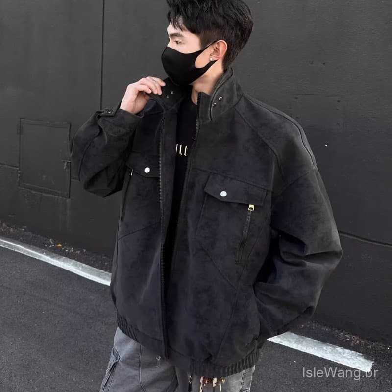 Jaqueta Masculina Camurça Gola Alta Solta Casaco de Rua com Bolsos Zíper Moda Casual Masculina