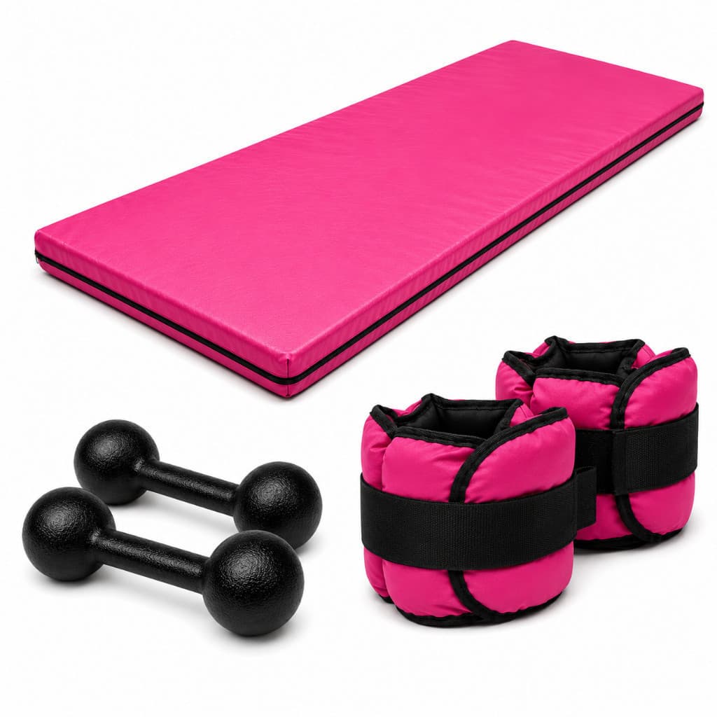 Oferta KIT FITNESS COMPLETO COLCHONETE ROSA + PAR 3KG HALTER BOLA + PAR 3KG CANELEIRA ROSA | TREINO EM CASA OU ACADEMIA