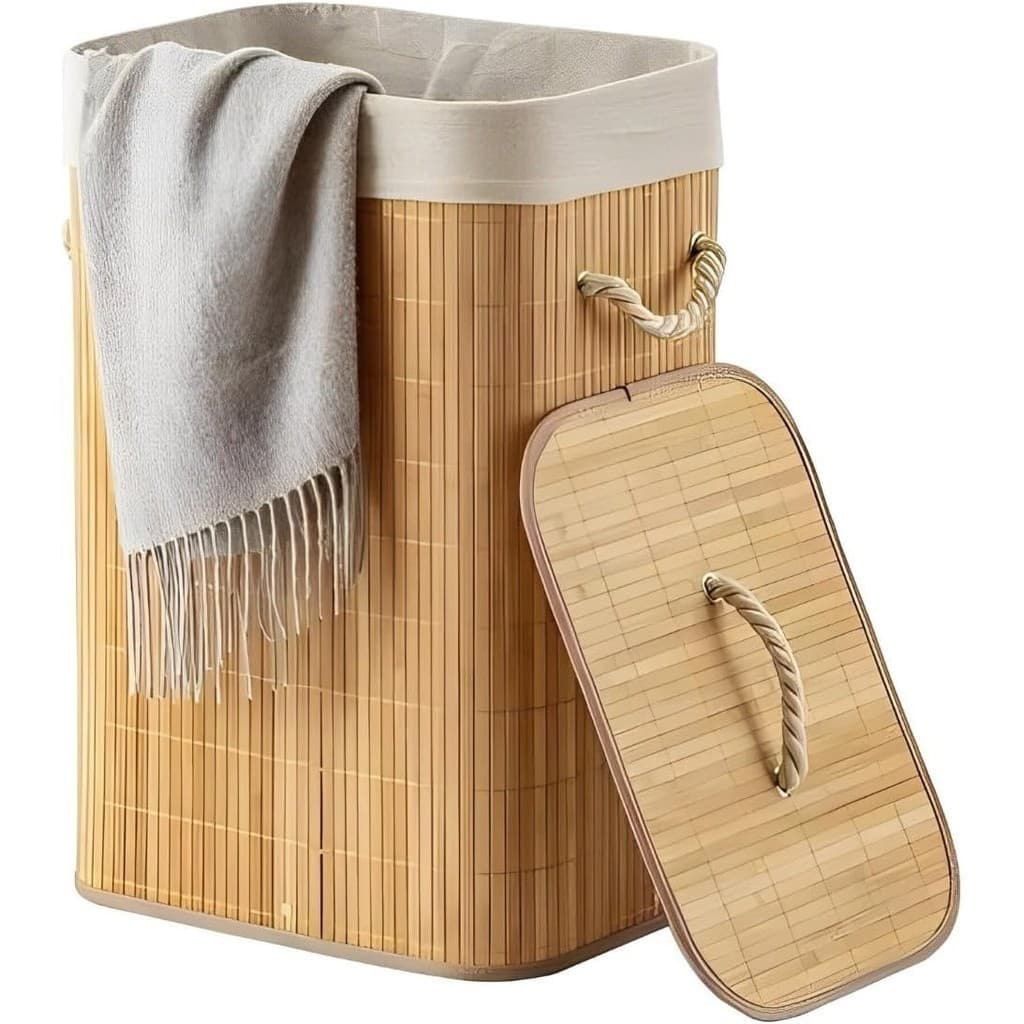 Cesto De Roupa Suja Bambu Dobravel Organizador Forrado Banheiro 60cm Grande Cesto Retangular MSFILM