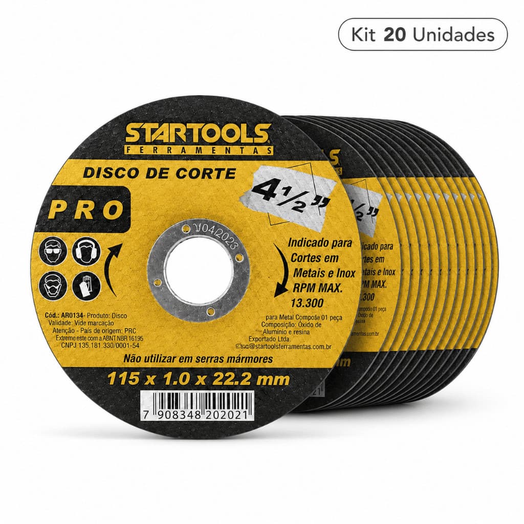 Disco Corte Ferro Inox Metal 115mm 4.1/2 Fino 1mm Para Esmerilhadeira Kit 20 Startools