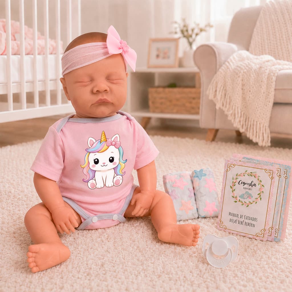 Boneca Reborn Menina 43cm Articulada Com Kit Unicórnio