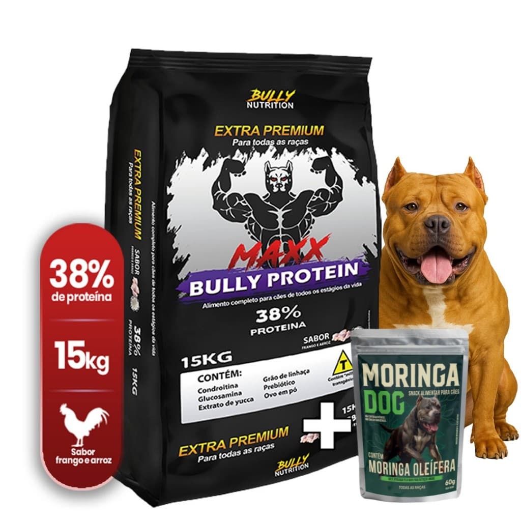 Ração Para Cachorros American Bully Maxx Protein Extra Premium 15Kg + Moringa Dog 60g Cachorro Forte