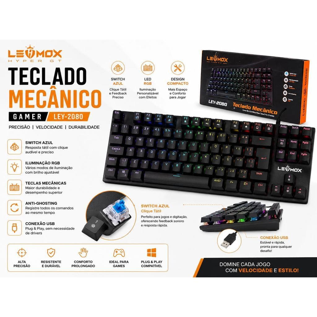Teclado Mecânico Gamer Blue Switch RGB USB Compatível PC PS4 PS5 Xbox ABNT2