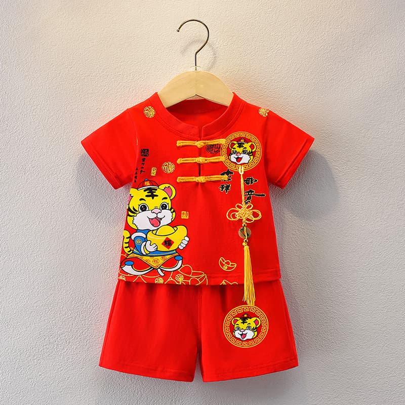 Bebê menino um ano de idade verão menino tigre coroa roupas menino primeiro aniversário vestido bebê menina terno 2 verm