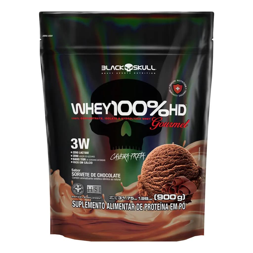 Whey Protein 100% HD Gourmet Chocolate 900g Blackskull Concentrado Muscular Academia