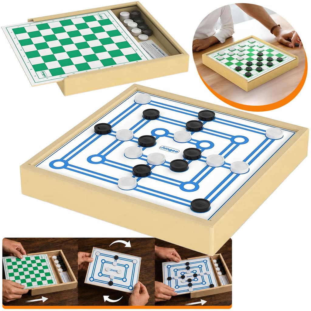 Jogo de Tabuleiro Damas e Trilha 2 em 1 Reversível Madeira MDF Estojo 24 Peças Família Junges