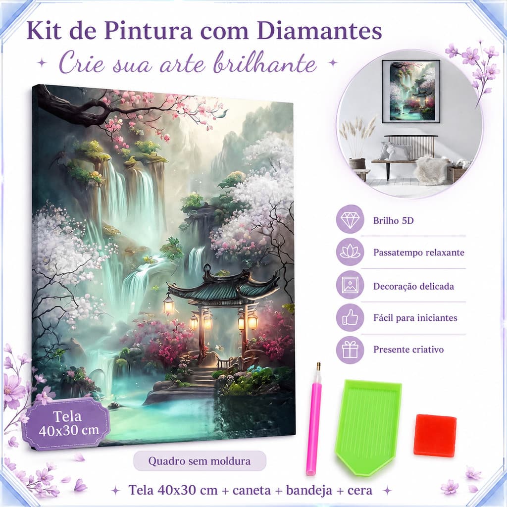 Quadro Pintura Diamante 5D DIY Paisagem Oriental Cascata Pavilhão 40x30cm