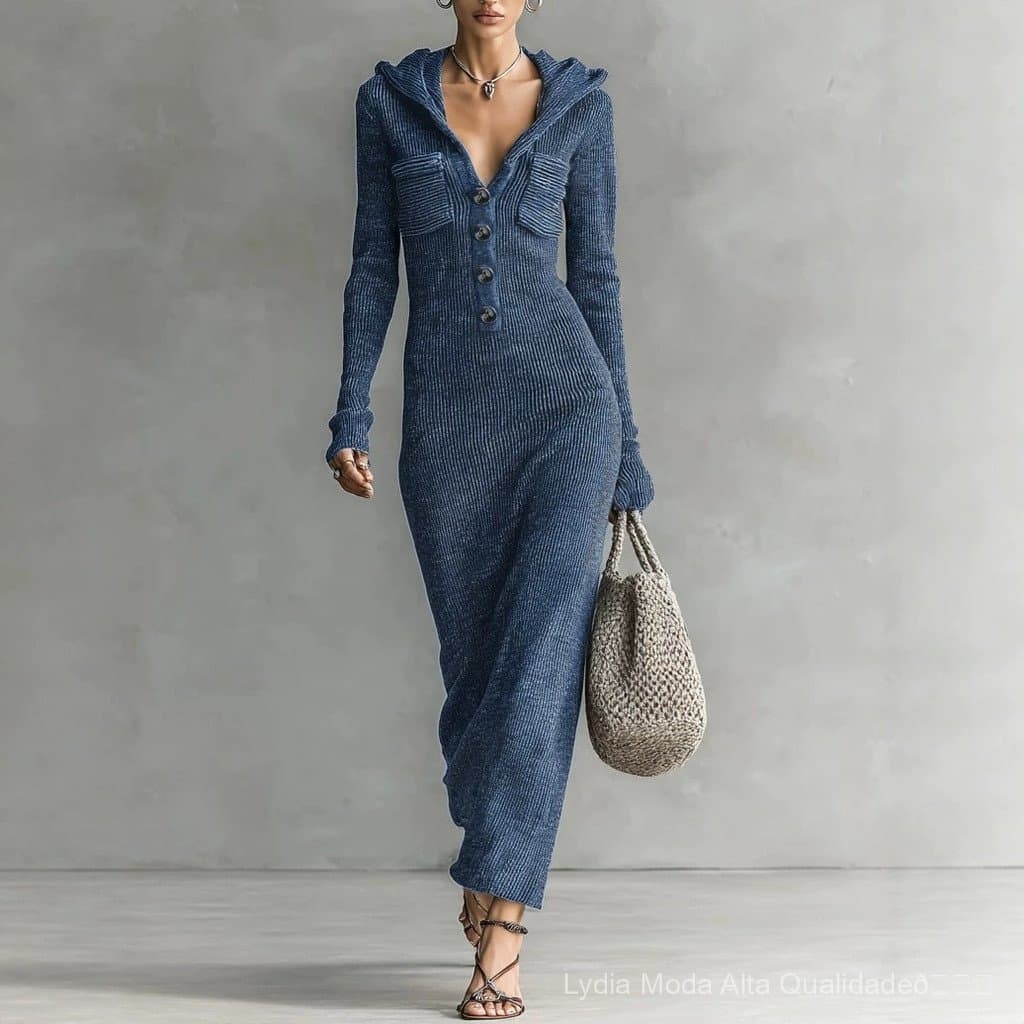 [Oferta especial por tempo limitado] Vestido feminino moderno de alta qualidade, popular vestido longo de malha com capu