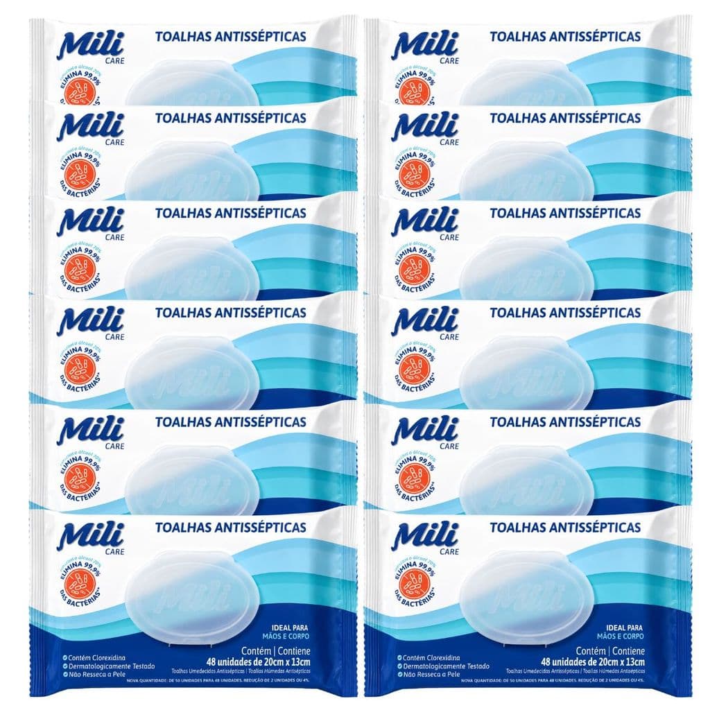 Lenço Umedecido ou Toalhas Antissépticas Mili  12 pacotes c/ 48 (total: 576  toalhas) sem álcool c/Clorexidina