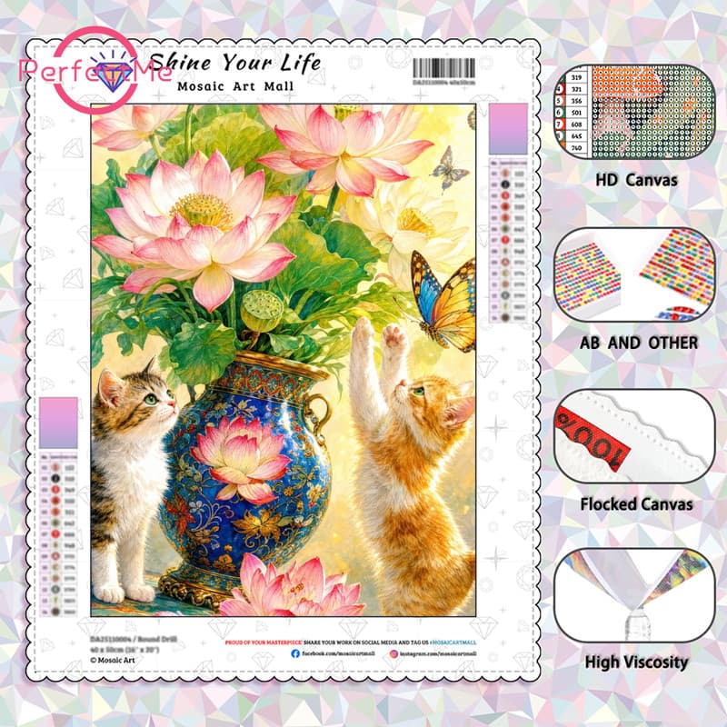 PM Diamantes AB Atualizados + Tecido Flocado] Água De Bambu Flores De Gato Fofas Pintura De Diamante 5D DIY Artesanato M