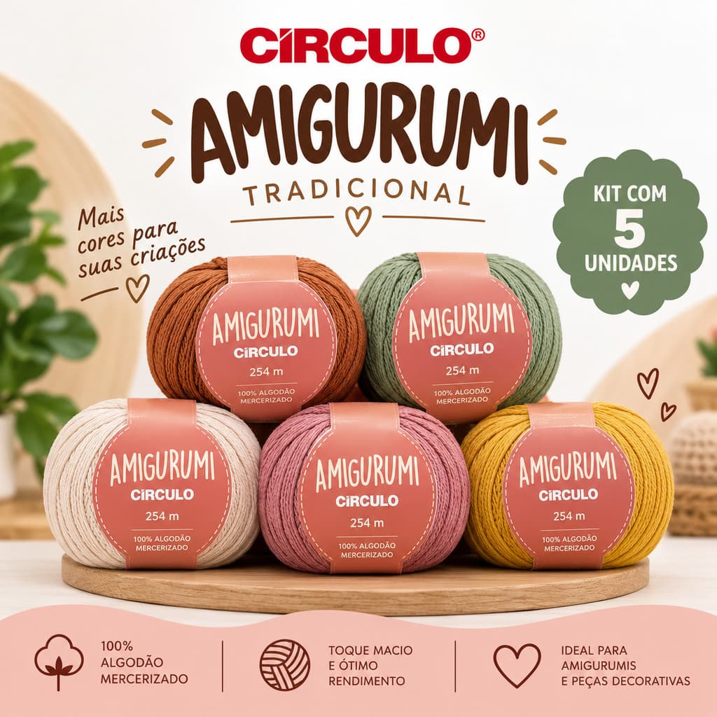 kit com 5uni linha amigurumi mercerizado 125g 254m 100% algodão | Fio Círculo para crochê e tricô