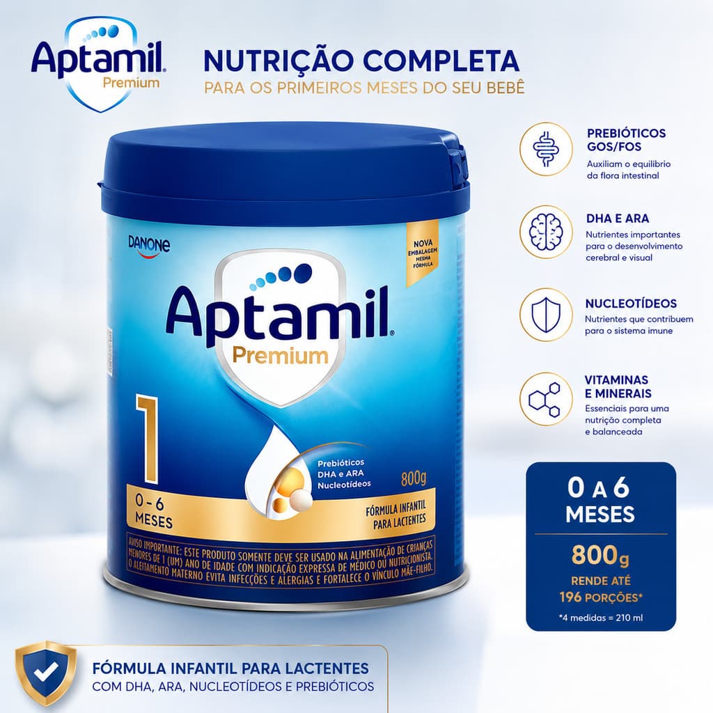 Leite Aptamil Premium 1 800g Fórmula Infantil em Pó Danone Lactentes 0 a 6 Meses Lata