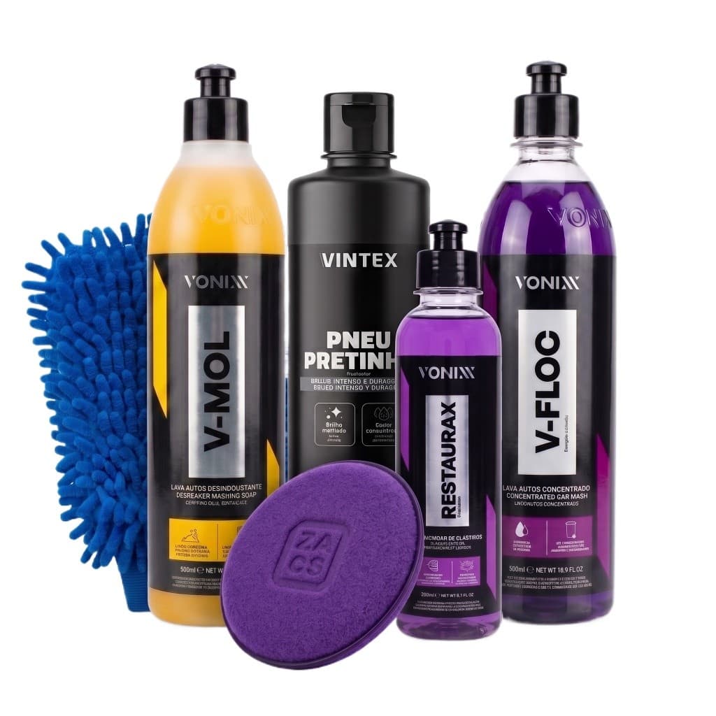 Kit Vonixx V-Floc + V-Mol + Restaurax + Pretinho Vintex + Aplicador Luva Automotivo Para Lavar Carro Moto