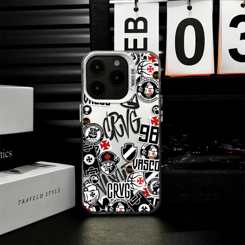 Capinha para iPhone 18/17/16/15/13/12/11 Pro Max Capa para celular Vasco em preto e branco Textura metálica premium