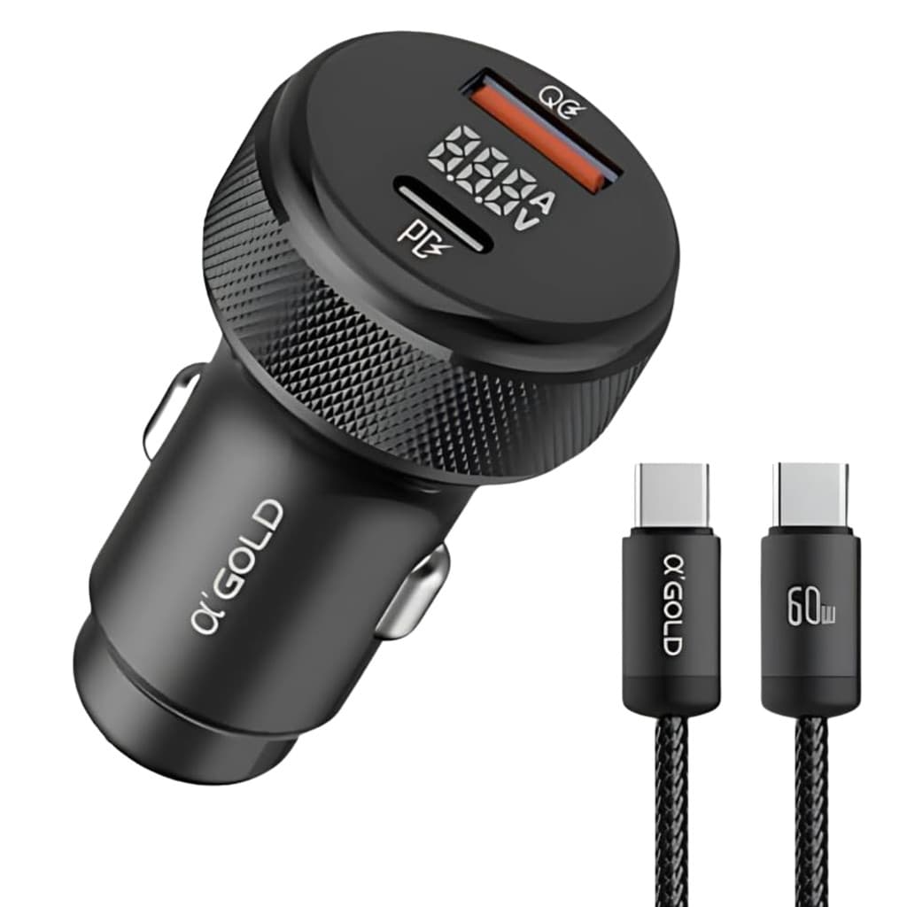 Carregador Veicular 60W Turbo PD USB-C + Cabo Tipo C A'Gold