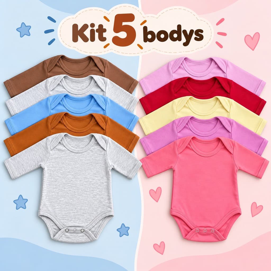 Kit 5 Body Bebê Manga Longa Algodão Menino Menina RN P M G Enxoval