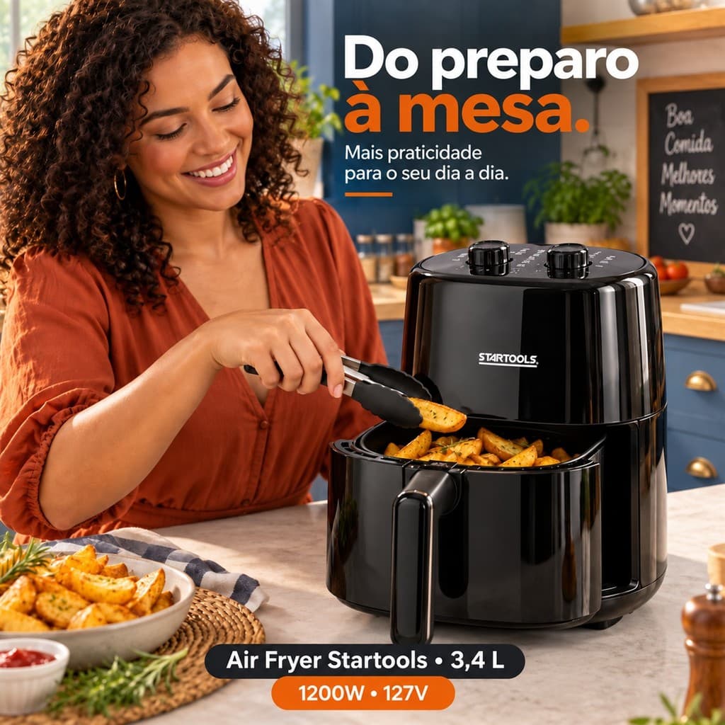 Fritadeira Elétrica Startools Air Fryer 3,4L 127V 1200W Preta Sem óleo