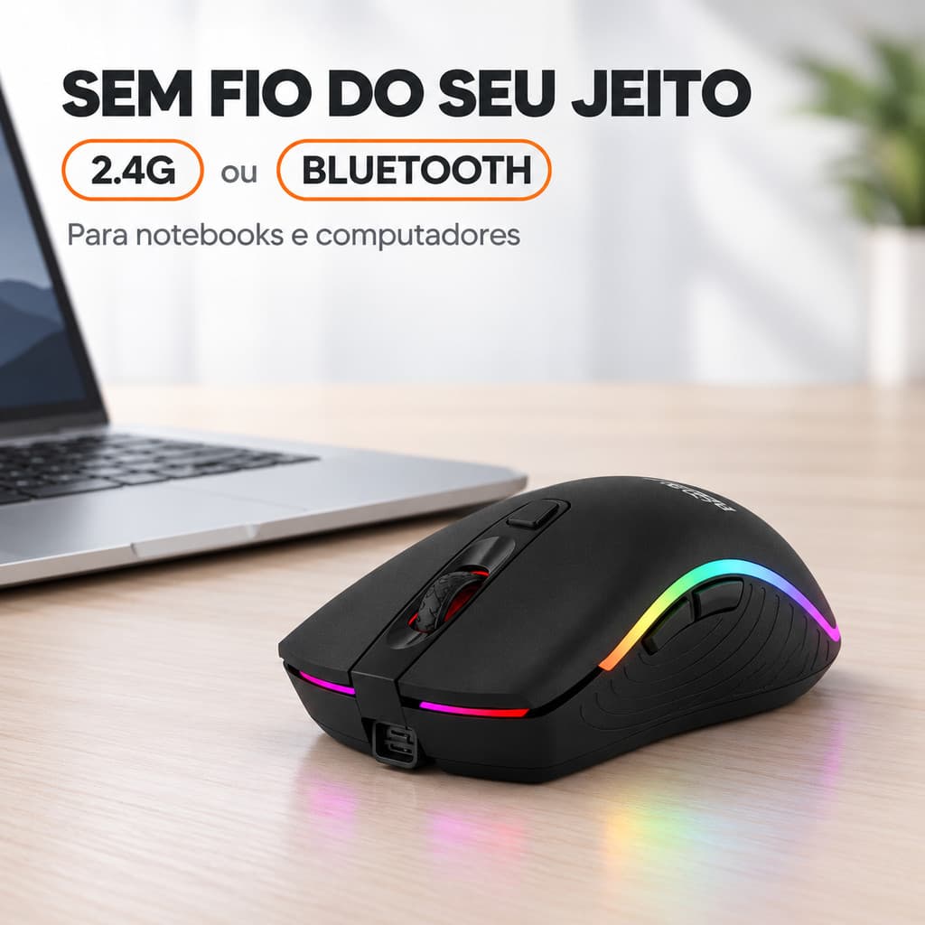 Mouse Sem Fio Recarregável H'Maston MS09 Bluetooth 2.4G Silencioso RGB Ergonômico 1600 DPI Notebook PC Escritório